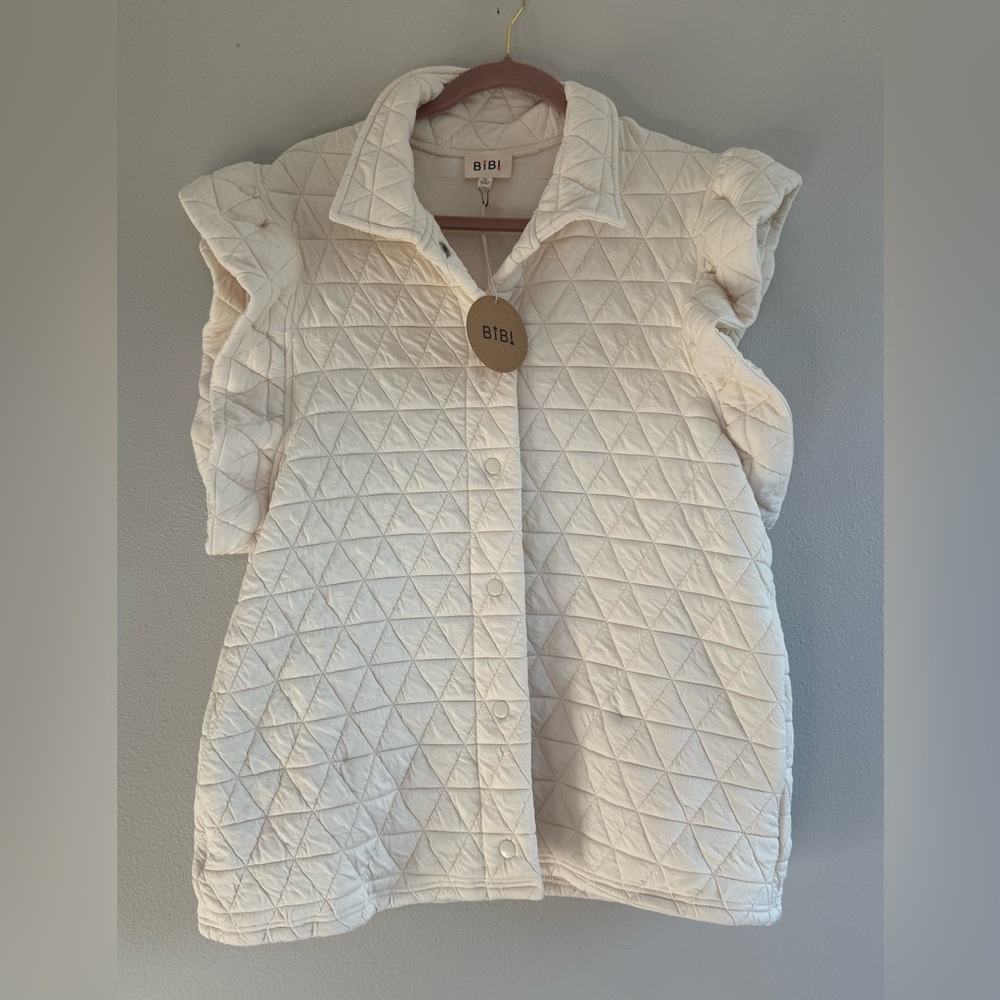 BiBi Cream Quilted Collared Snap-Front Vest ruffled sleeves